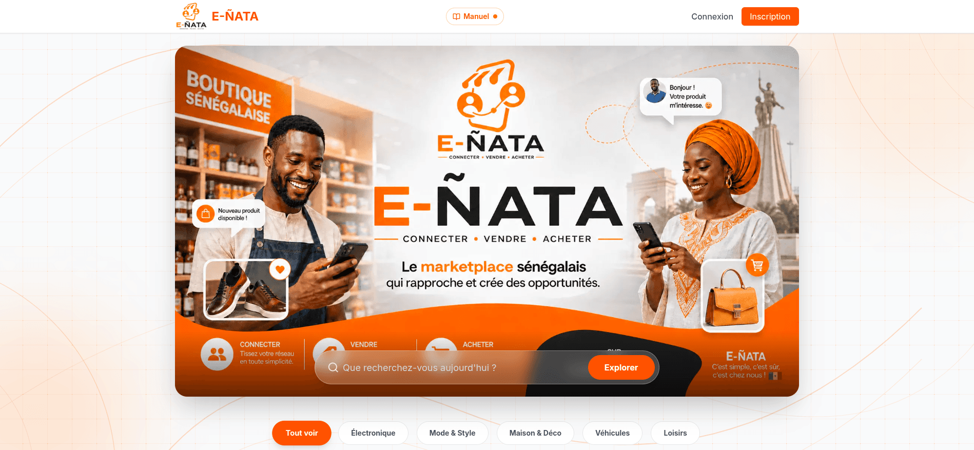 E-ÑATA home page on desktop: hero banner, search bar and category filters