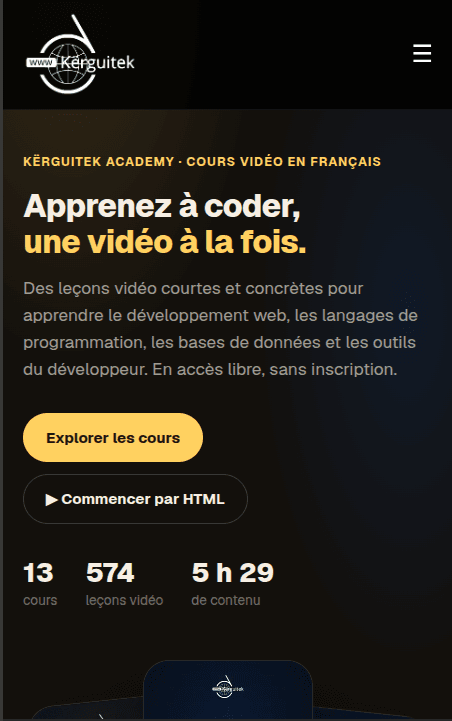 Page d'accueil de Kërguitek sur mobile : présentation de Kërguitek Academy et boutons d'action