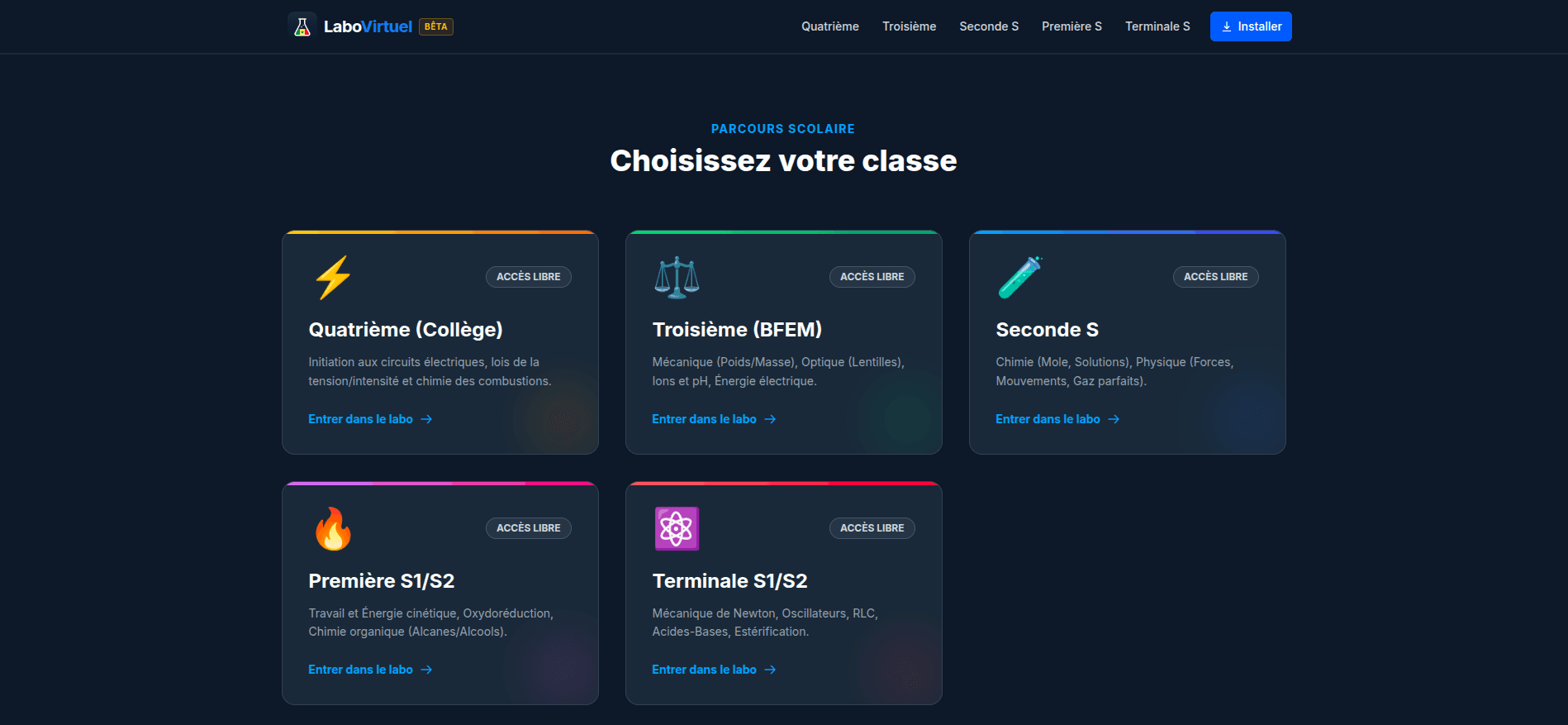Labo Virtuel Sénégal on desktop: class selection from Quatrième to Terminale S
