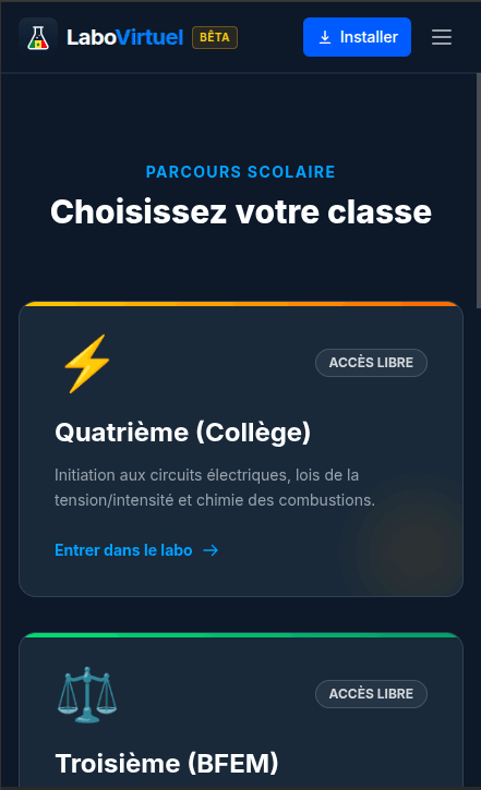 Labo Virtuel Sénégal sur mobile : choix de la classe et bouton d'installation